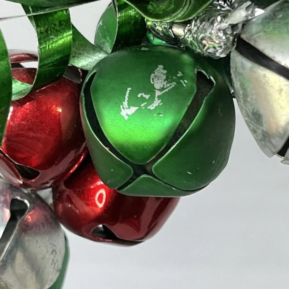 Christmas Jingle Bell Wreath Red Silver Green With Holly Accent Metal